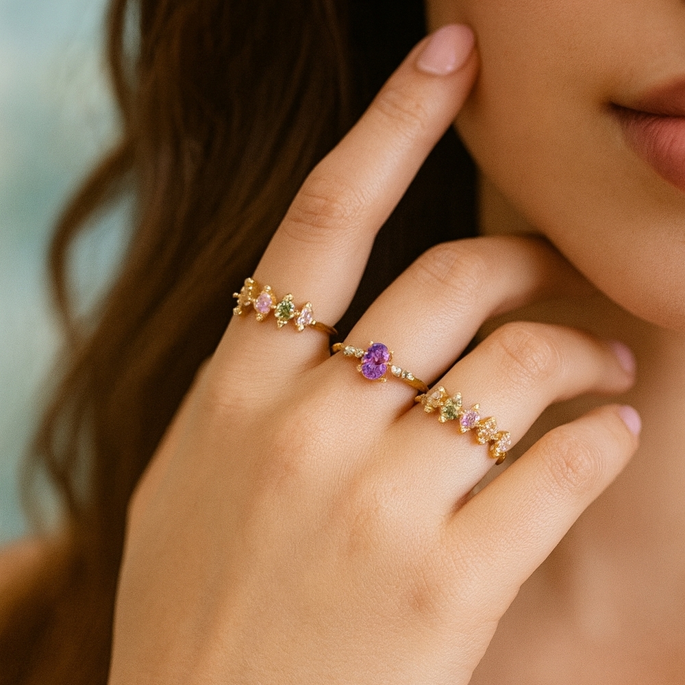 Boutique Set/ 3 Simulated Gemstone Rings Narrow Band Gold Tone Pink Green Purple